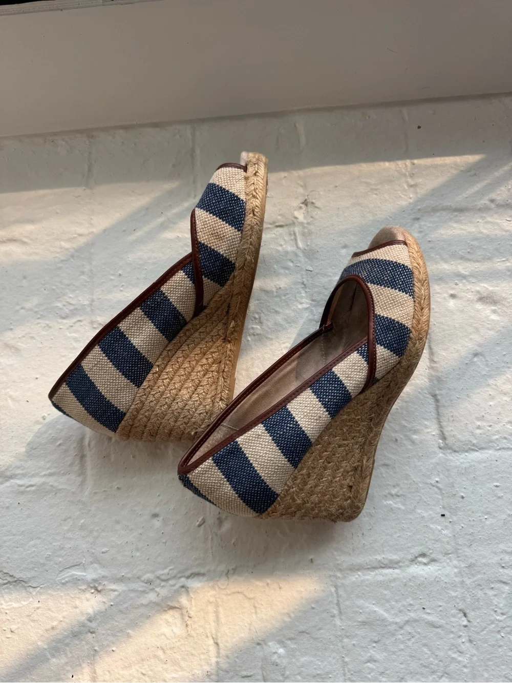 Striped Navy and Cream Espadrille Wedge Peep-Toe Heels